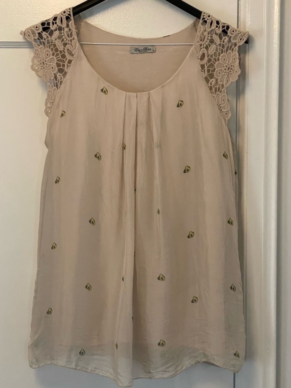 Made in Italy Silk and Crochet-Shoulder Cream Blouse with Adorable Avocado Print